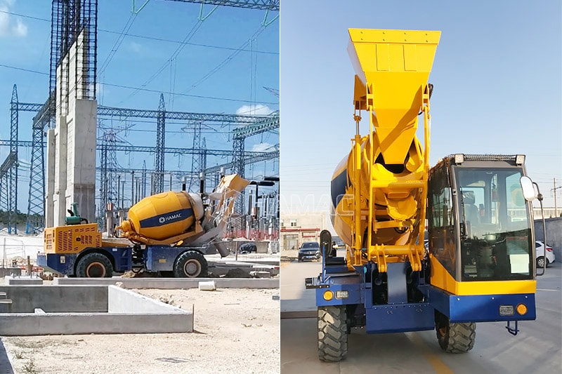 Truk mixer beton self loading HMC250 sedang bekerja untuk sebuah bengkel.